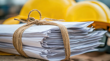 Stack of blueprints tied with twine placed beside safety gear on-siteの素材