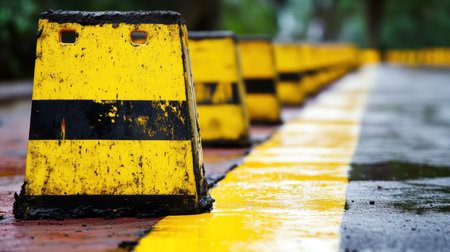 Vibrant construction safety signs and barriers placed near fresh concrete pourの素材