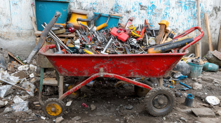 Wheelbarrow filled with various tools, screws, and buckets on a dirt siteの素材