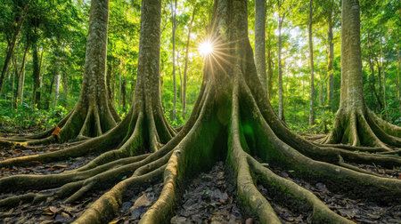 Ancient trees wrapped in vines and moss under a burst of warm sunlight filtering through high canopyの素材