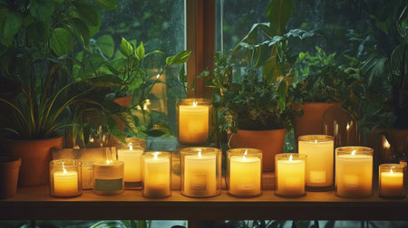 Aromatherapy candle shelf with varying sizes of candles, green plants, and framed wellness quotesの素材