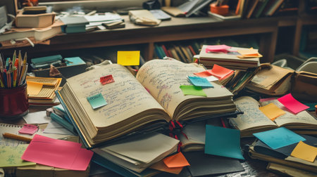 Books open to different pages with tabs and notes everywhere, intense study session in progressの素材