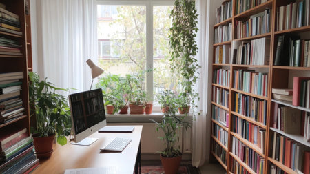 Bright minimalist study space with a large window, clean desk, plants, and organized bookshelvesの素材