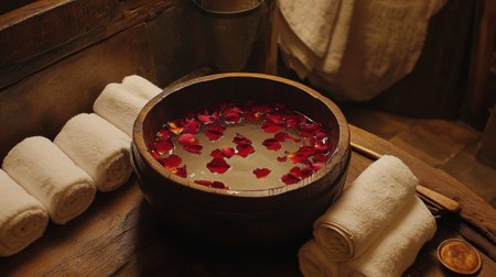 A wooden bowl filled with rose petals and warm water placed beside towel rolls and spa toolsの素材