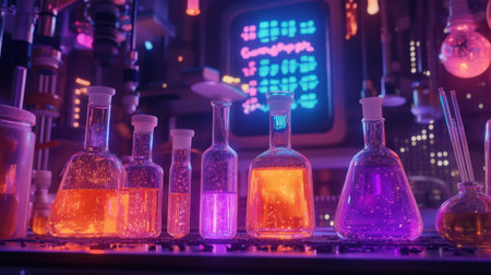 Chemistry set with colorful liquids in test tubes, pipettes, and a periodic table in the backgroundの素材