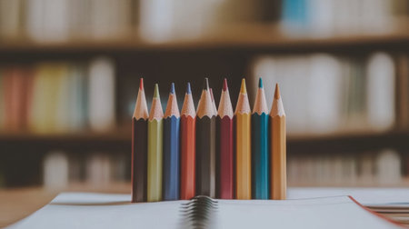 Close-up of sharpened colored pencils arranged neatly on a lined notebook with classroom backgroundの素材