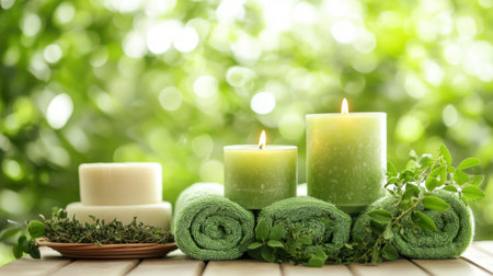 Close-up of scented soy candles and herbal bundles beside folded towels and natural soapsの素材