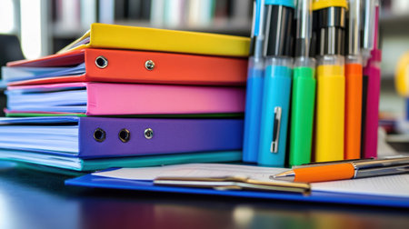 Color-coded science folders and binders stacked on a lab desk with pens and a clipboardの素材