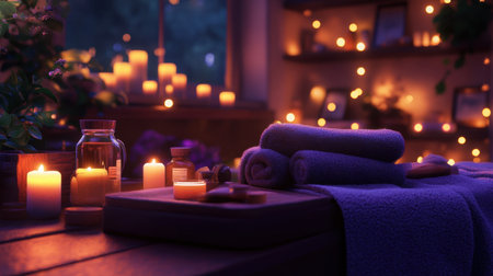 Cozy spa environment with soft linens, massage oils, and warm lighting arranged for wellness therapyの素材