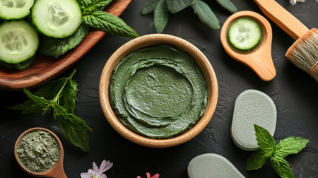 Facial spa products including clay mask, cucumber slices, and cooling eye pads arranged neatlyの素材