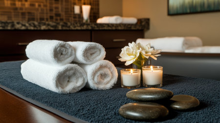 Elegant spa setup with aromatic candles, massage stones, and plush towels on a rustic tableの素材