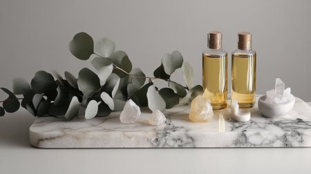 Elegant arrangement of eucalyptus leaves, massage oils, and healing crystals on stone slabの素材