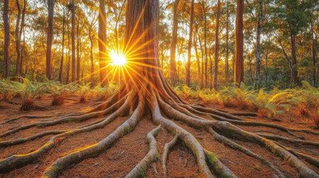 Forest floor covered with ferns and tree roots glowing under beams of golden morning sunlightの素材