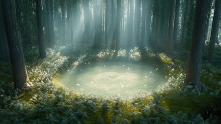 Forest glade surrounded by massive trees, where sunlight creates a glowing circle on the forest floorの素材
