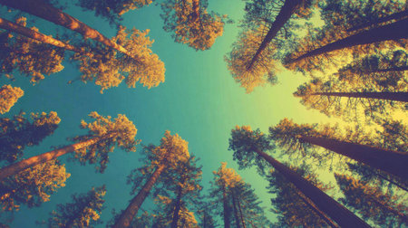 Giant sequoia trees stretching toward the sky in a quiet grove, dappled with late afternoon sunlightの素材