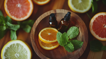 Fresh citrus, mint, and essential oils styled for a refreshing and revitalizing wellness themeの素材