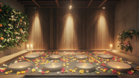 Foot spa station with clean basins, floating flower petals, and scented candles, relaxing mood lightingの素材