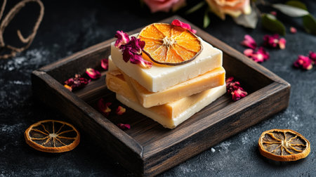 Handcrafted spa soap bars stacked with dried citrus and flowers on a wooden trayの素材
