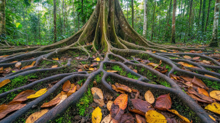 Huge tree roots crawling across a forest floor bathed in morning light, surrounded by fallen leaves and soft mossの素材