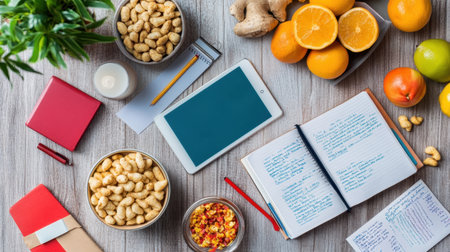 Books and notes spread across a dining table turned temporary study space with tablet and snacksの素材
