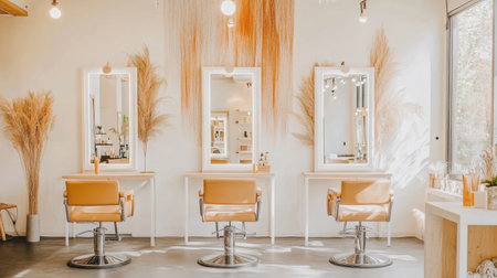 Elegant salon interior with modern hair styling chairs, mirrors framed with LED lights, and minimalistic decor, clean and brightの素材