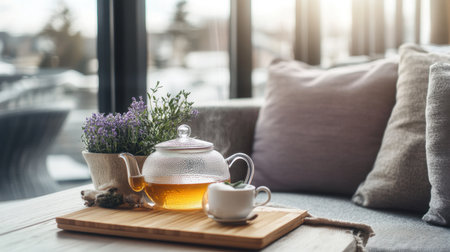 Herbal tea setup in a spa lounge, featuring glass teapot, fresh herbs, and cozy cushions in natural lightの素材