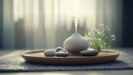 Elegant tray with oil diffuser, stones, and calming herbs on a bamboo mat for wellness therapyの素材