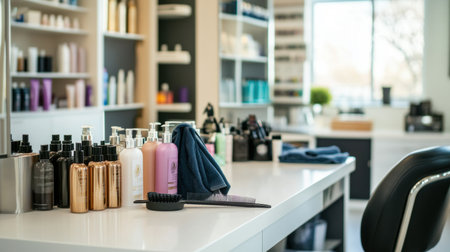 Hair salon workbench with scissors, combs, sprays, and clean cape in a tidy professional environmentの素材