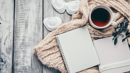 Flat lay of three wellness notebooks, herbal teas, and eye masks arranged for a relaxing group retreatの素材