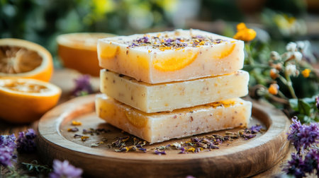 Handcrafted spa soap bars stacked with dried citrus and flowers on a wooden trayの素材