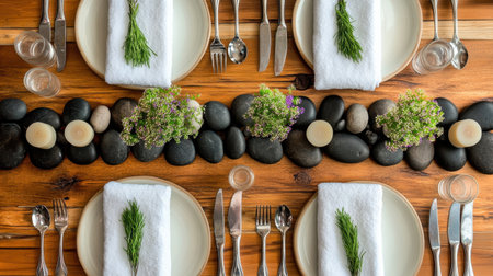 Group spa table setting with hot stones, towels, and fresh herbs prepared for multiple guestsの素材