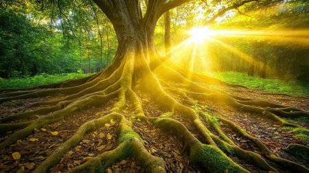 Huge tree roots crawling across a forest floor bathed in morning light, surrounded by fallen leaves and soft mossの素材