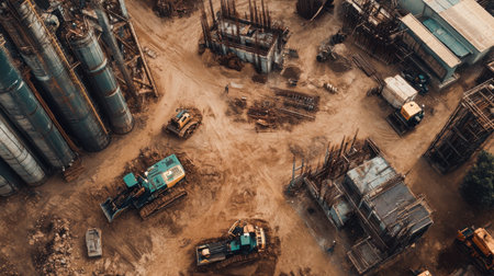 Overhead drone view of a construction site with exposed groundwork, machines at rest, no peopleの素材