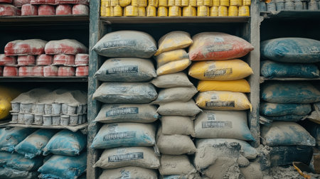 Neatly arranged bags of plaster with the brand name and construction labels visible on the surfaceの素材