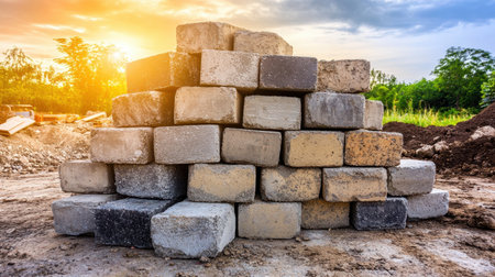 Pile of cement blocks with different shades stacked on a construction site with a bright sky in the backgroundの素材