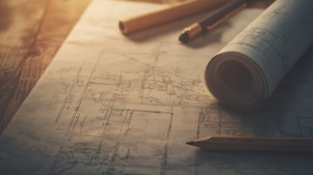 Rolled-out architectural blueprint on a wooden drafting table with a pencil and ruler beside itの素材