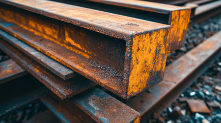 Pile of steel beams in a construction yard with bolts, nuts, and washers scattered nearbyの素材