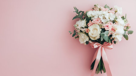 Romantic-themed bouquet in blush tones with a velvet ribbon tie, laid on a solid pink backgroundの素材