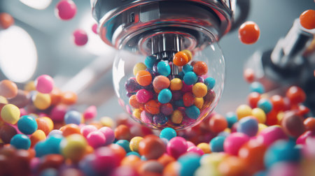 Inside a candy factory showing colorful sweets being packaged by robotic system.の素材