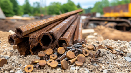 Pile of steel beams in a construction yard with bolts, nuts, and washers scattered nearbyの素材