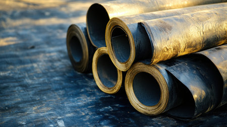 Rolls of heavy-duty tar paper and felt underlayment stacked on a construction site floorの素材
