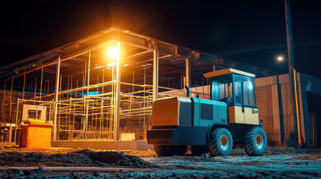 Portable generator powering lights and tools at a remote construction locationの素材