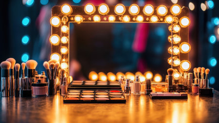 Luxurious vanity mirror with Hollywood bulbs, makeup palette and skincare items arranged neatlyの素材
