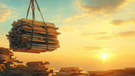 Side view of a construction crane lifting a heavy load of construction materials against a clear skyの素材