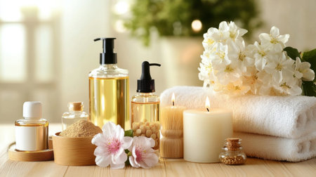 Herbal remedy and spa set with flowers, spices, and oils for natural body treatmentの素材