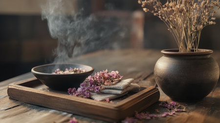 Herbal compresses resting on a wooden tray next to a bowl of steaming water and dried flowersの素材