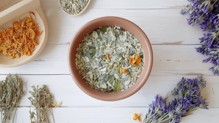 Herbal tea in a ceramic cup surrounded by dried flowers and spa accessories for a calming wellness vibeの素材