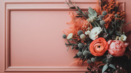 Wrapped bouquet placed in the corner of a soft pink frame with flower heads spilling outの素材