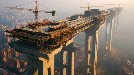 Suspended highway bridge under construction with cantilevered arms extending from piersの素材