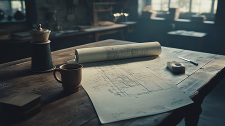 Workbench with spilled coffee, notes, and partially unrolled blueprint with editsの素材